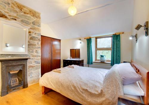 1 dormitorio con 1 cama grande y chimenea en Tyn Gaer en Llanfachreth