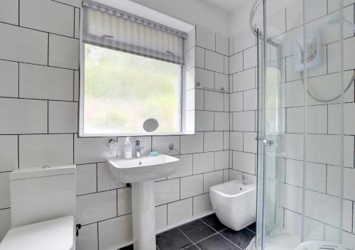 a white bathroom with a sink and a shower at Ty Dulas in Esgair-geiliog