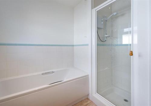 スランベドログにあるTri ar Ddegの白いバスルーム(シャワー、白いバスタブ付)