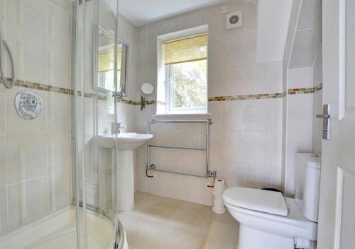 a bathroom with a shower and a toilet and a sink at Sunridge in Amroth