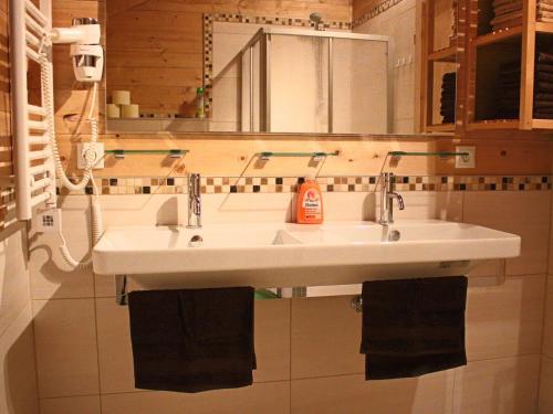 a bathroom with a white sink and a mirror at Feriendorf X-Alp Lodges Ötztal in Sautens