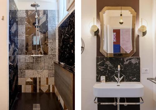 bagno con lavandino e specchio di Villetta Cicciuli ad Altavilla Milicia