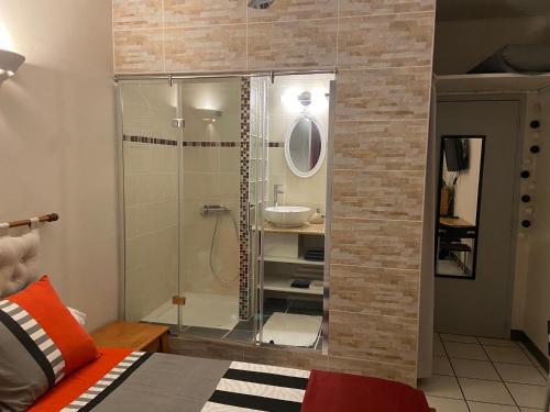 a bathroom with a glass shower with a sink at Happyhome in Saint-Pierre