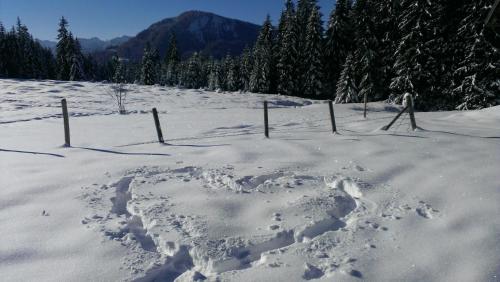 a heart in the snow with a fence at Landgasthof Zum Alten Reichenbach in Nesselwang