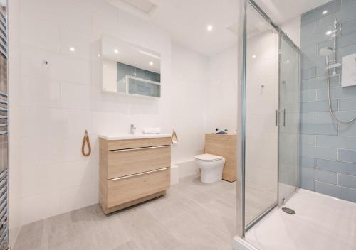 a bathroom with a shower and a sink and a toilet at Redcliffe Apartment L in Bishopston