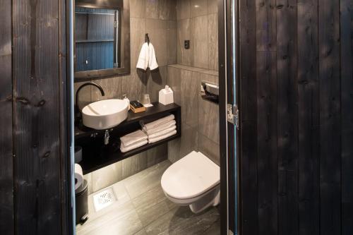 a bathroom with a white toilet and a sink at Arctic TreeHouse Hotel in Rovaniemi