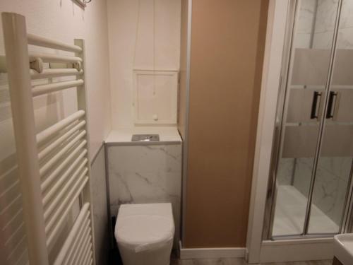 une petite salle de bain avec toilettes et douche dans l'établissement Charmant 2 Pièces Cabine aux Saisies - Rez-de-Chaussée, Balcon, 6 Pers. - Commerces à Proximité - FR-1-594-68, à Hauteluce