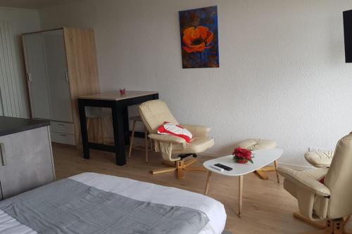 une chambre avec un lit, une table et des chaises dans l'établissement Belvédère Studio vue spectaculaire tout équipé, à Ammerschwihr