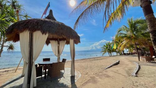 a table and chairs on a beach with the ocean at Coco Grove Beach Resort, Siquijor Island in Siquijor