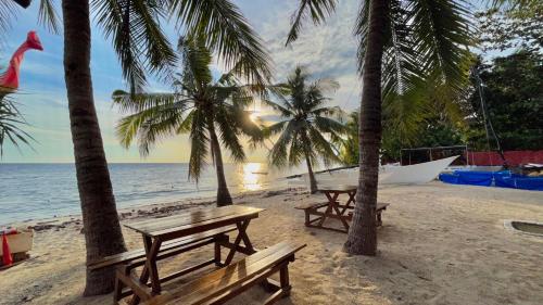 two picnic tables on a beach with palm trees at Coco Grove Beach Resort, Siquijor Island in Siquijor