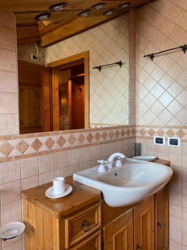 a bathroom with a sink and a mirror at Appartamento Laura in Madonna di Campiglio