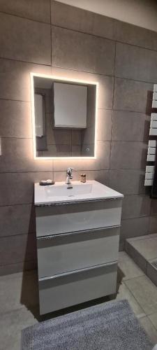 une salle de bain avec un lavabo et un miroir dans l'établissement STUDIO CLIMATISATION Vieille Ville, à Lyon