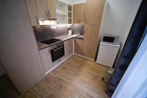 a small kitchen with a sink and a stove at Apartmany 21 Třeboň in Třeboň