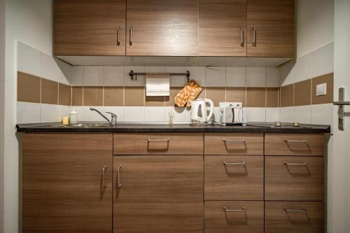a kitchen with wooden cabinets and a sink at Colors Apartment in Budapest
