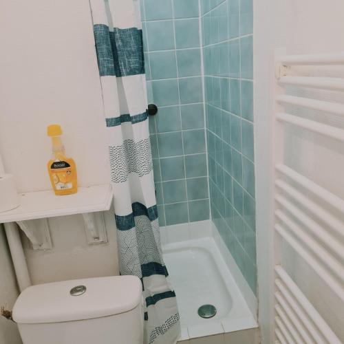 une salle de bain avec toilettes et baignoire dans l'établissement Kimme Orange - Plein centre ancien, à Orléans