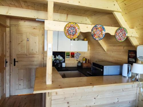 una cocina en una cabaña de madera con placas en la pared en Good Time, en Sasino