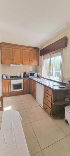 a kitchen with wooden cabinets and a counter top at APARTAMENTOS TURÍSTICOS CASA SANDRA in Sanxenxo
