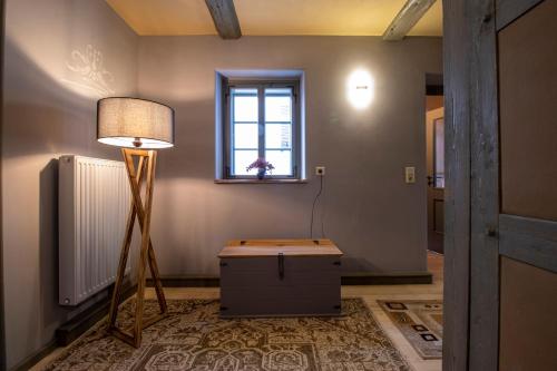 a room with a floor lamp and a window at außergewöhnliches, historisches, spätgotisches Wohnhaus von 1519, Gries 5 in Gera