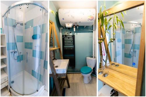 - deux photos d'une salle de bains avec douche et toilettes dans l'établissement Havre de paix à deux pas de la plage - Arrivée autonome, Parking privé et gratuit, à Varaville