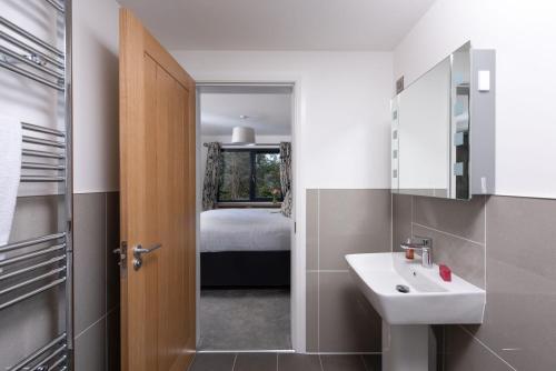 a bathroom with a sink and a mirror at Maple Lodge, 20 Roadford Lake Lodges in Lifton