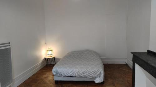 Appartement 3 - T2 60m2 - Standing, moderne et tout équipé - Carmes-Renforts , Toulouse في تولوز: سرير صغير في غرفة بها مصباح