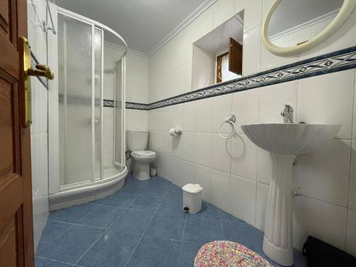 a bathroom with a sink and a shower and a toilet at La Plaza de La Franca in La Franca