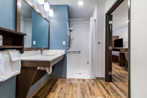 a bathroom with a sink and a shower at WoodSpring Suites Harrisburg Linglestown in Harrisburg