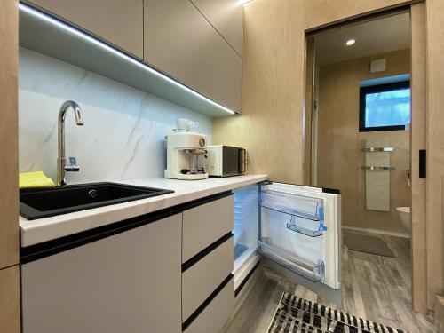 a kitchen with a sink and a microwave at Luxusní apartmán v Praze Klánovicích na zahradě, 20 minut do centra Prahy in Šestajovice