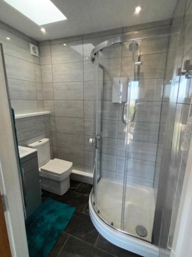 a bathroom with a shower and a toilet at Contemporary one bed studio. Sea views and parking in Westward Ho