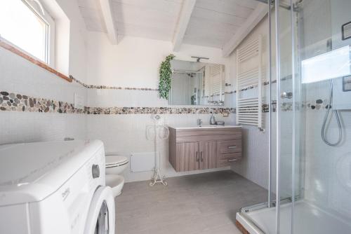 een badkamer met een wastafel, een toilet en een douche bij Barbera's Home in Camino