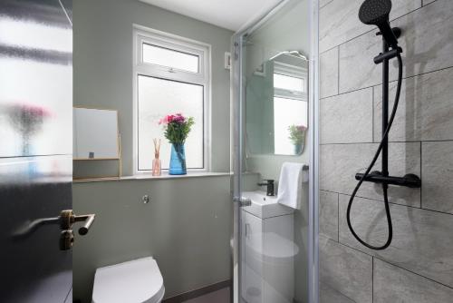 een badkamer met een douche, een toilet en een wastafel bij MORLANOW-Private entrance, courtyard, sea views in Newquay