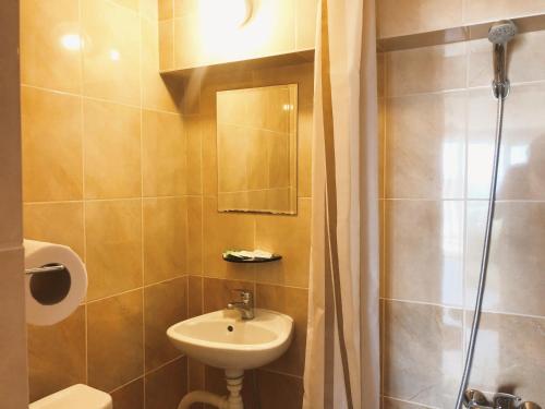 a small bathroom with a sink and a shower at Guest House Paskal in Balchik