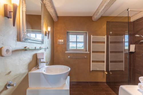 a bathroom with a sink and a shower at Reethus Koldenbüttel in Hollbüllhuus