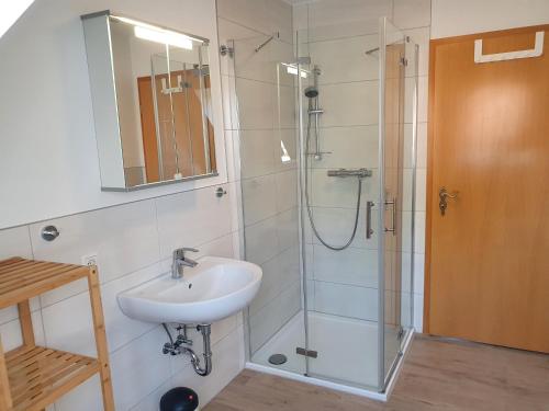 a bathroom with a sink and a shower with a mirror at Hus Bruderreck in Klein Vielen