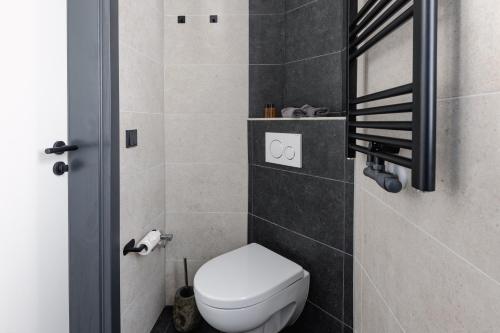 a bathroom with a white toilet in a room at Alex & Rine - Pension Zum Alten Strom in Warnemünde