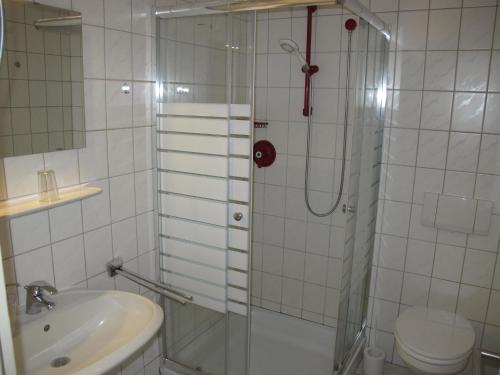 a bathroom with a shower and a sink and a toilet at Reihenhaus TOMKE DORN103 in Dornum