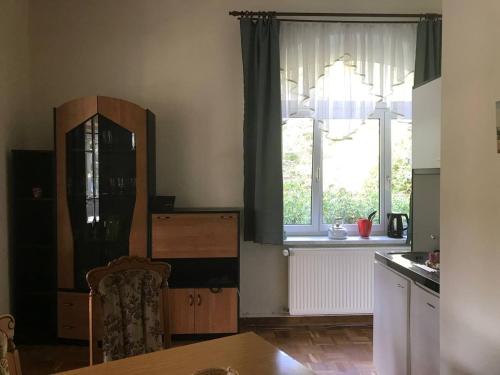 a kitchen with a table and a large window at Ferienwohnung in Villa in Bad Elster