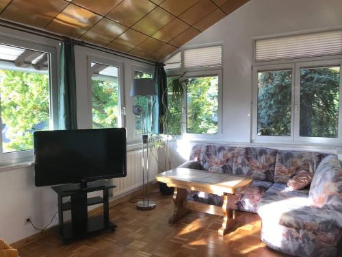 a living room with a couch and a tv at Ferienwohnung in Villa in Bad Elster