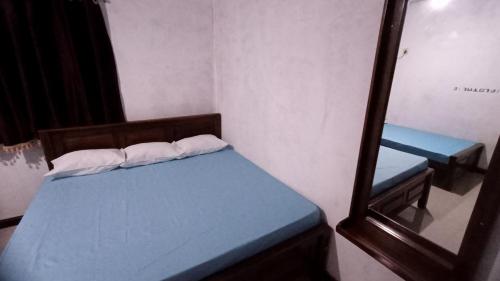 a bedroom with a blue bed and a mirror at Serene Homestay in Anuradhapura