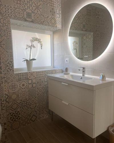 une salle de bain avec un lavabo et un miroir dans l'établissement Le clos de la cote d'Emeraude, à Saint-Benoît-des-Ondes