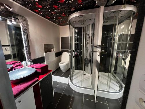 une salle de bain avec douche et lavabo dans l'établissement NIMES Superbe appartement duplex climatisée, à Nîmes