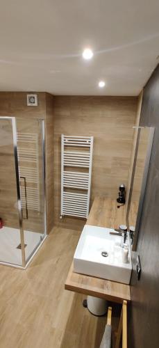 a bathroom with a white sink and a shower at Casa Vacanza Beltrami in Baceno