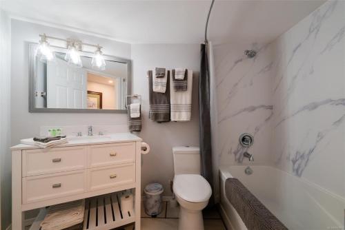 a bathroom with a sink and a toilet and a tub at Trails End Beach House suite with hot tub and beach bedroom cabin! in Ladysmith