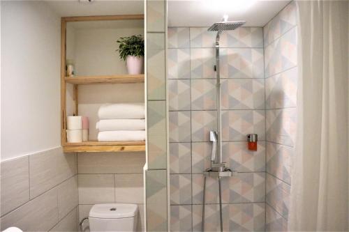 a bathroom with a shower with a toilet at 5 mn Zenith Grande Halle Auvergne,pied de Gergovie,Garage,Netflix in Romagnat