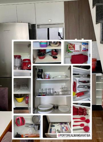 a collage of photos of an open refrigerator at Cobertura Porto Real Suítes Mangaratiba - Vista Mar in Mangaratiba
