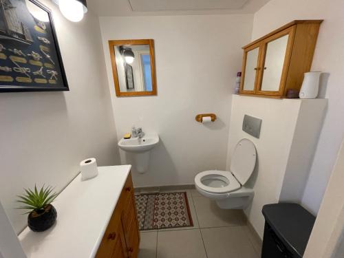 ein weißes Bad mit einem WC und einem Waschbecken in der Unterkunft Grande terrasse avec vue mer, résidence récente, tout à pieds in Saint-Mandrier-sur-Mer