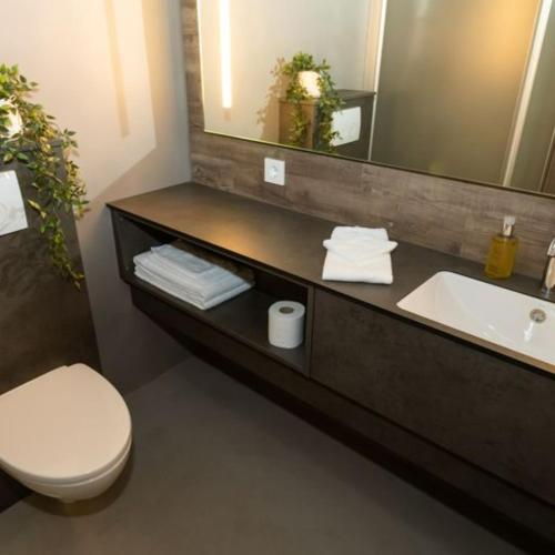a bathroom with a sink and a toilet and a mirror at Hotel Halond in Akureyri