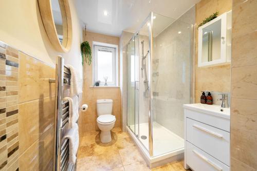 a bathroom with a shower and a toilet and a sink at Riverview in Monifieth