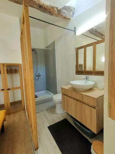 une salle de bain avec un lavabo et des toilettes dans l'établissement Maison de ville au coeur du centre historique, parking gratuit, à Apt