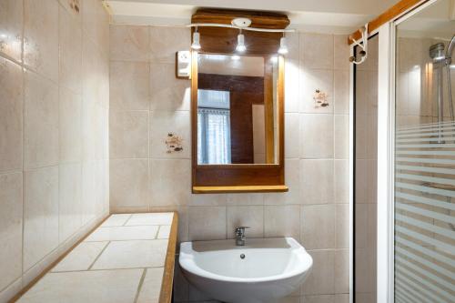 y baño con lavabo, espejo y ducha. en Maison d'une chambre avec jardin clos a Beuzec Cap Sizun a 5 km de la plage, en Beuzec-Cap-Sizun